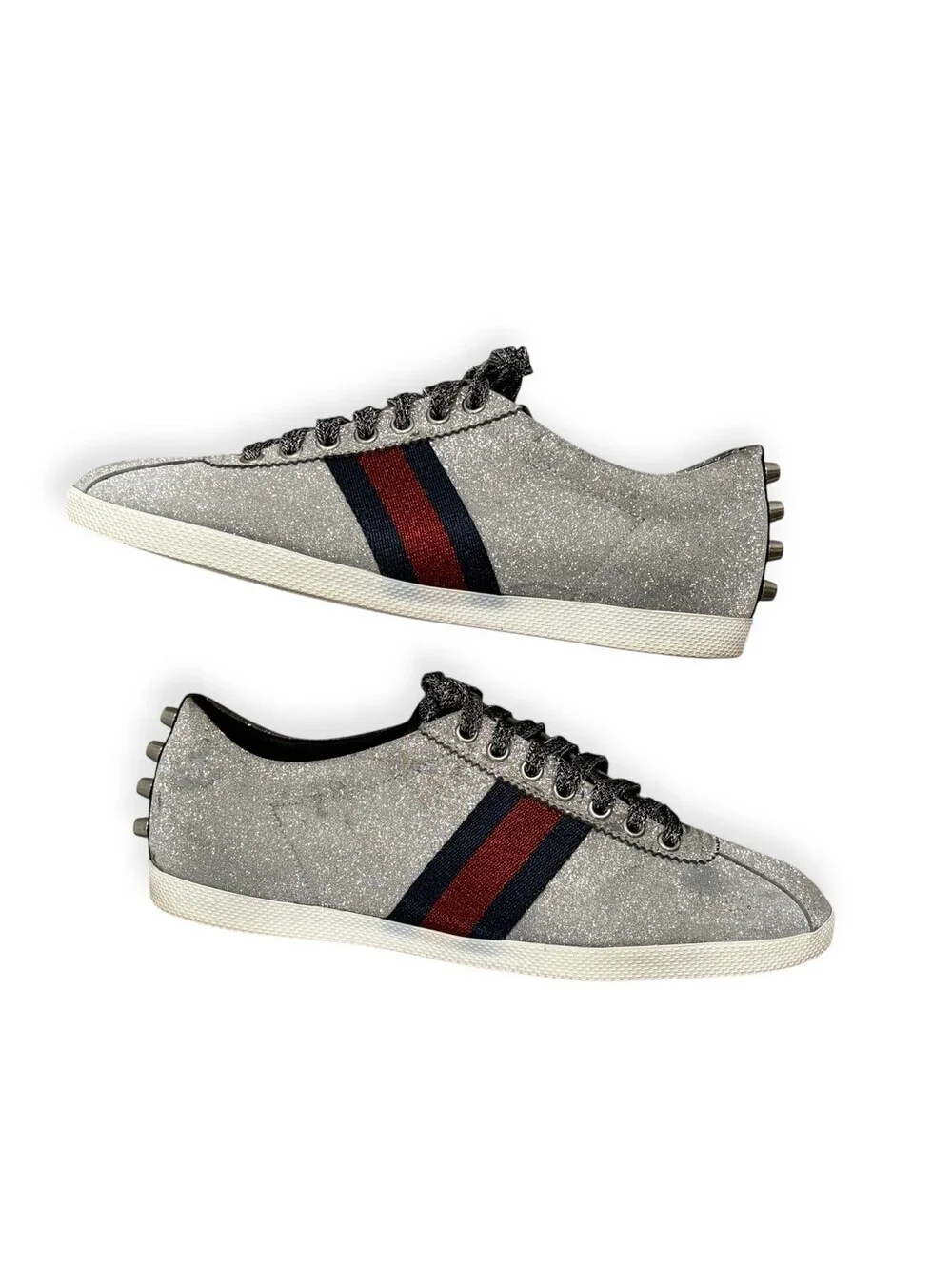 Size 7G (8US) Gucci Silver Glitter Leather Bambi Web Mens